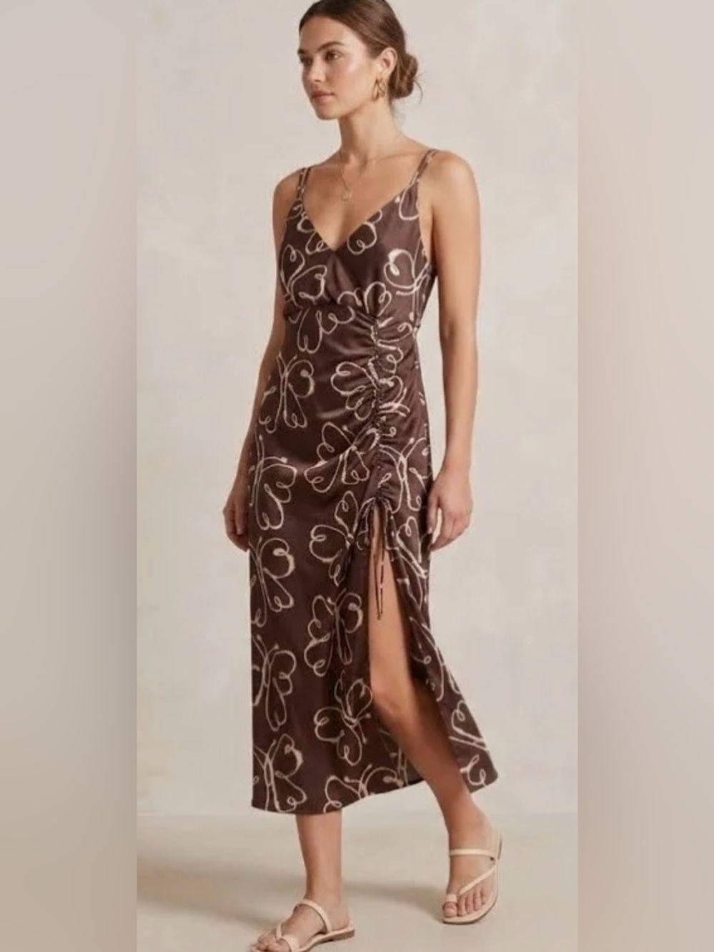 Urban Outfitters Brown Butterfly Print Midi Slip Dress with Side Ruched Slit- M